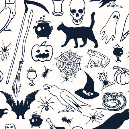 Vector seamless pattern with hand drawn creepy and comic images. Halloween design elements. Perfect for Halloween holiday prints and patterns.のイラスト素材