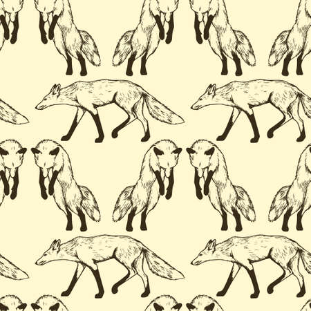 Vector seamless pattern with hand drawn foxes made with pen and ink. Realistic illustration of foxes, made in vintage style. Beautiful animal design elements.のイラスト素材