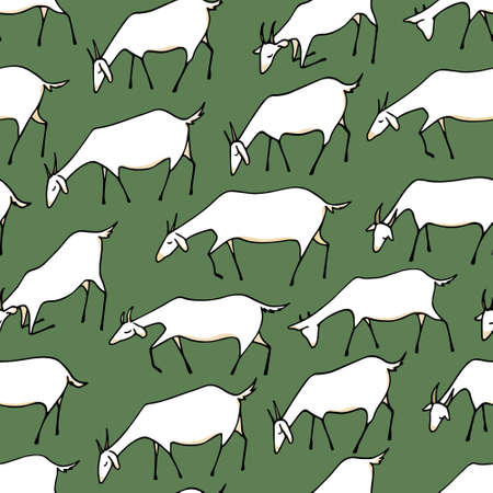 Vector seamless pattern with hand drawn goat herd eating fresh grass on a meadow. Beautiful design elements, cute animal characters.のイラスト素材