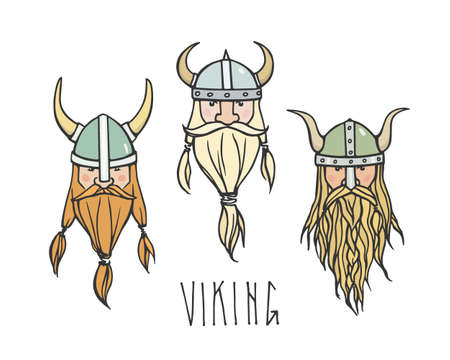 Hand drawn heads of bearded viking with helmets on. Vector illustration of northern rough warriors. Heavy contour, graphic style.のイラスト素材