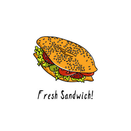 Vector illustration of hand drawn salami sandwich. Beautiful food design elements, perfect for any business related to the food industry.のイラスト素材