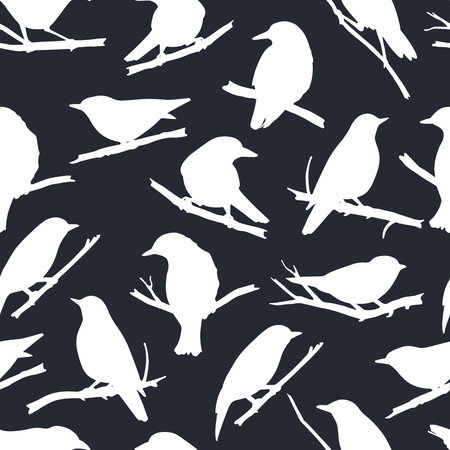 seamless pattern with hand drawn birds sitting on the branches. White silhouettes on black...