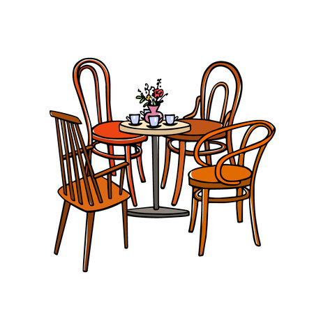 A Vector illustration of hand drawn coffee table for four and vintage chairs. Lovely scene of retro cafe. Ink drawing, graphic style. Beautiful design elements.のイラスト素材