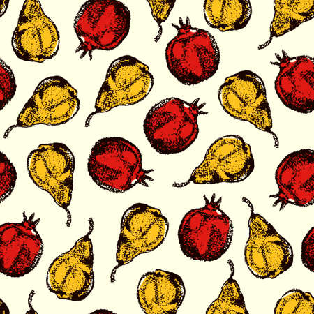 A Vector seamless pattern with hand drawn garnet and pears. Beautiful design elements, charcoal drawingのイラスト素材