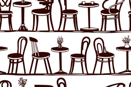 Vector seamless pattern with set of  hand drawn coffee tables and vintage chairs. Lovely scene of retro cafe. Ink drawing, graphic style. Beautiful design elements.のイラスト素材