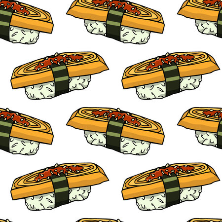 Pattern with hand drawn egg omelette sushiのイラスト素材
