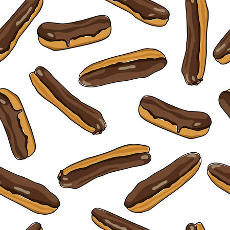 Vector seamless pattern with hand drawn chocolate eclairs. Traditional pastry illustration....