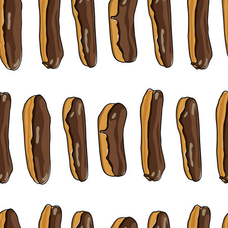 Vector seamless pattern with hand drawn chocolate eclairs. Traditional pastry illustration. Beautiful food design elements.のイラスト素材