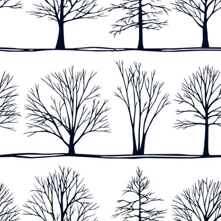 Vector seamless pattern with hand drawn winter trees arranged in lines. Ink drawing, graphic style. Beautiful design elements.のイラスト素材