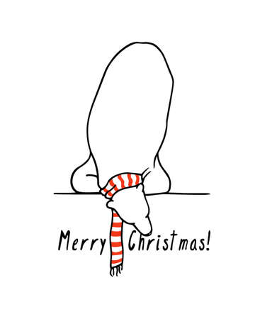 Vector Christmas card with hand drawn cute polar bear in striped scarf. Beautiful ink drawing, funny illustration.のイラスト素材