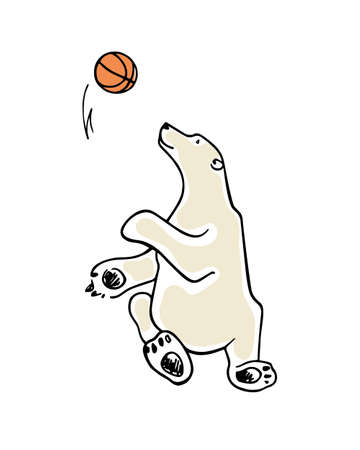 Vector card with hand drawn cute polar bear playing basketball. Beautiful ink drawing, funny leisure illustration.のイラスト素材