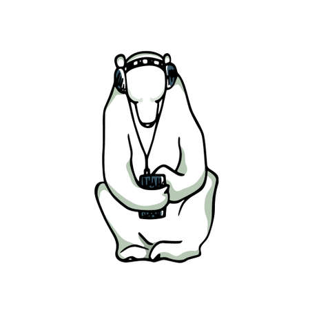 Vector card with hand drawn cute polar bear sitting alone with its smartphone and headphones on. Beautiful ink drawing, funny illustration of modern communication patternのイラスト素材