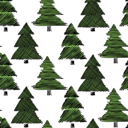 A Vector seamless pattern with hand drawn abstract spruce trees. Beautiful Christmas design elements, doodle style, minimalistic designのイラスト素材
