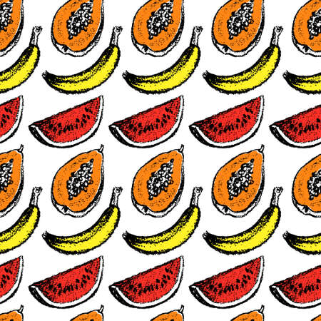Vector seamless pattern with hand drawn papayas, bananas and watermelons. Beautiful design elements, charcoal drawing.のイラスト素材