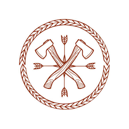 Emblem with hand drawn crossed axes and arrow feathering. Heavy contour, graphic style.のイラスト素材