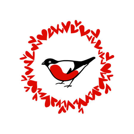 Vector card with hand drawn bullfinch surrounded by hearts. Beautiful design elements, ink drawing, logo templateのイラスト素材