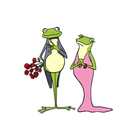 Vector illustration of hand drawn cute frog couple sitting close to each other. Beautiful design elements, ink drawing, funny romantic illustration. Perfect for Valentine's day celebration.のイラスト素材
