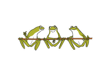 Vector illustration of hand drawn cute frogs having conversation on a branch . Beautiful design elements, ink drawing, funny illustrationのイラスト素材