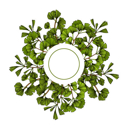 Vector card with hand drawn Ginkgo biloba round frame. Ink drawing, graphic style, beautiful floral design elementsのイラスト素材