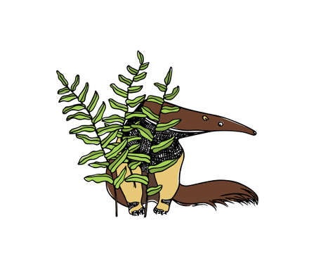 Vector illustration of hand drawn cute anteater hiding behind green big leaves. Beautiful ink drawing, sketch style. Perfect design elements, animal illustrationのイラスト素材