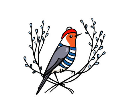 Vector card with hand drawn cute robin in traditional parisian outfit in floral wreath. Ink drawing, beautiful animal design elements.のイラスト素材