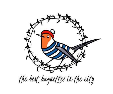 Vector emblem of best baguettes with hand drawn cute robin in traditional parisian outfit in floral wreath. Ink drawing, beautiful food design elements.のイラスト素材