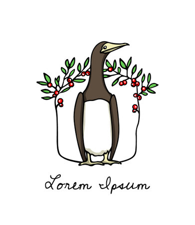 Vector illustration of hand drawn cute Brown Booby in floral frame. Ink drawing, beautiful animal and nautical design elements.のイラスト素材