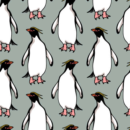 Vector seamless pattern with hand drawn cute Macaroni penguins. Ink drawing, funny illustration, beautiful animal design elements. Perfect for prints and patternsのイラスト素材
