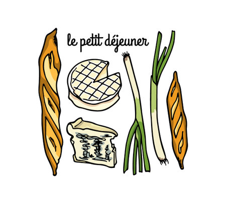 Vector illustration of a traditional French breakfast with soft cheeses, fresh baguette and leek. Freehand ink drawing, graphic style. Beautiful food design elements.のイラスト素材