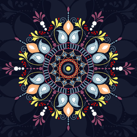 Mandala. Vector invitation with mandala design element. Square invite template. Nature floral pattern. Unusual greeting in oriental boho chic style. Round flower ornament. Decorative vintage print.のイラスト素材