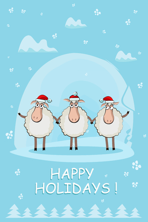 Greeting Christmas card with three funny sheep - a symbol of 2015のイラスト素材