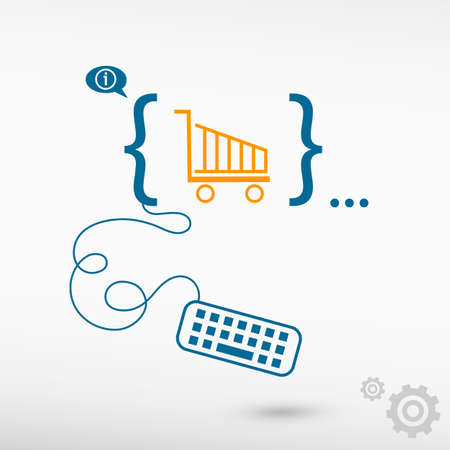 Shopping cart and flat design elements. Design concept icons for application development, web design, creative process, social media, seo, web page coding and programming.のイラスト素材