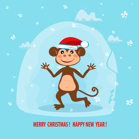 New Year and Christmas greeting card. Funny monkey in red hat. Symbol of the New Year 2016.のイラスト素材