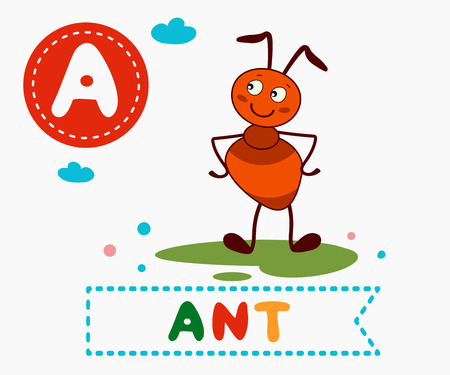 Hand drawn letter A and funny cute ant. Children's alphabet in cartoon style, vector illustration.のイラスト素材