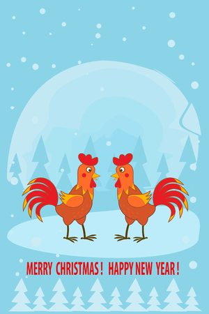 Two cute Red Roosters Birds Cartoon Mascot Character. Vector Illustration Flat Design With Snow Background And Text Merry Christmas! Happy New Year!のイラスト素材