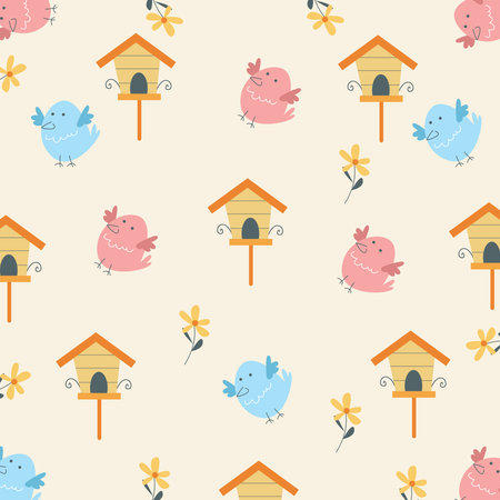 Illustration vector graphic of cute birds and spring flowers patternのイラスト素材