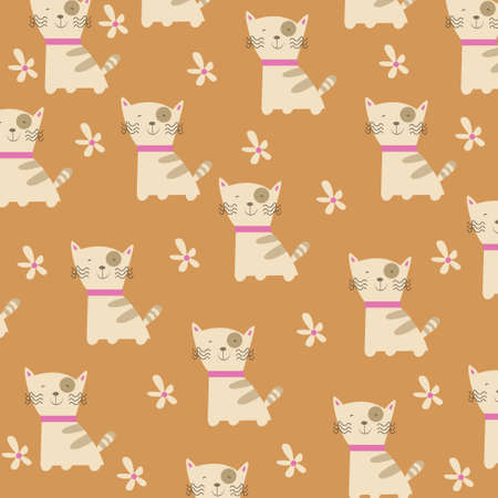 Seamless pattern with cartoon cat and flowers on brown background suitable for wallpaperのイラスト素材