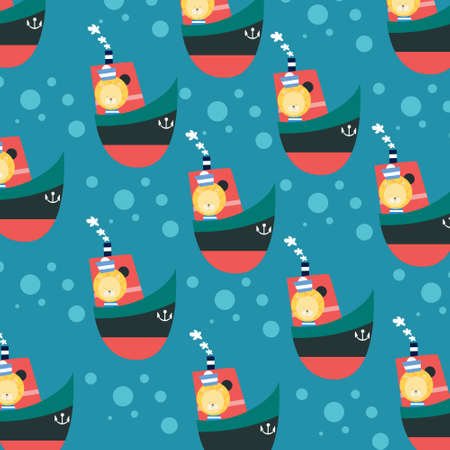 Cute ship graphic vector illustration and animal seamless pattern great for backgroundのイラスト素材