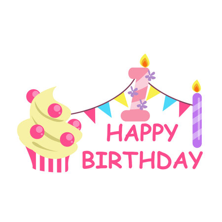 Fun happy birthday card vector illustration with cute character.のイラスト素材