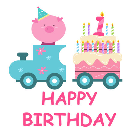 Fun happy birthday card vector illustration with cute character.のイラスト素材