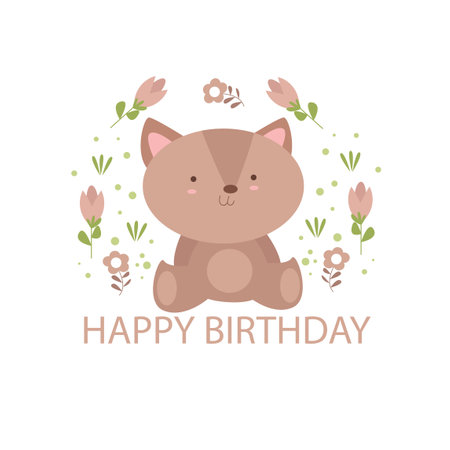 Fun happy birthday card vector illustration with cute character.のイラスト素材