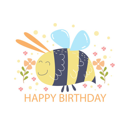 Fun happy birthday card vector illustration with cute character.のイラスト素材