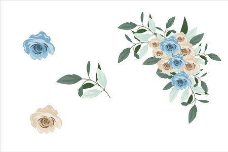 Set of blue brown flowers and green leaf clipart isolatedのイラスト素材