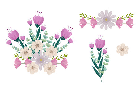 A variety of colorful arrangements of beautiful leaves and flowersのイラスト素材