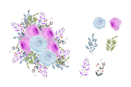 A variety of colorful arrangements of beautiful leaves and flowersのイラスト素材