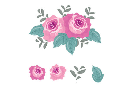 A variety of colorful arrangements of beautiful leaves and flowersのイラスト素材