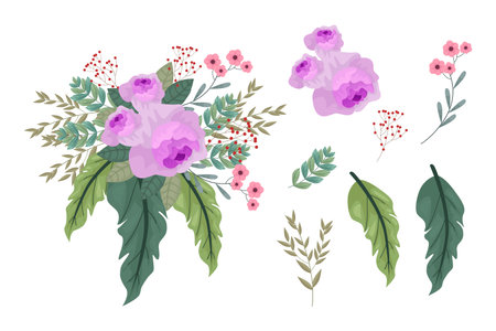 A variety of colorful arrangements of beautiful leaves and flowersのイラスト素材