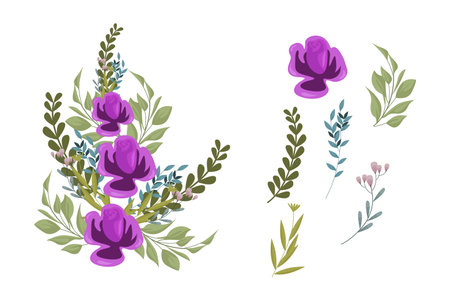 A variety of colorful arrangements of beautiful leaves and flowersのイラスト素材