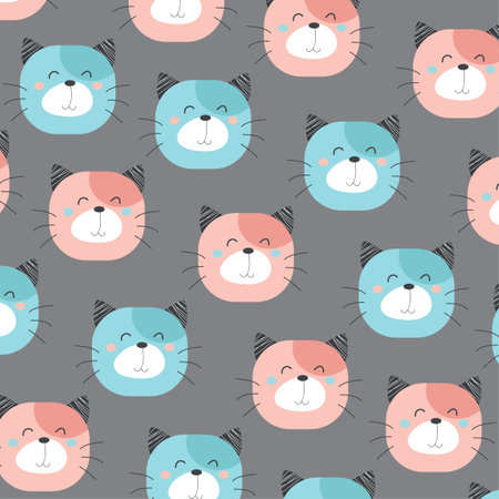 Seamless pattern with cute colorful cat heads perfect for wrapping paperのイラスト素材