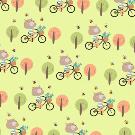 Seamless pattern with cute bear cub riding a bicycle perfect for wrapping paperのイラスト素材